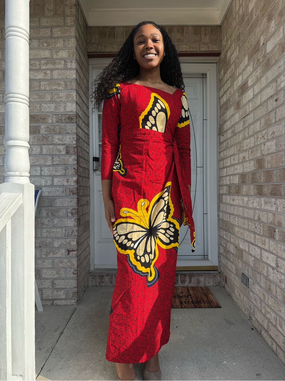 African Print Red Butterfly Print Wrap Dress